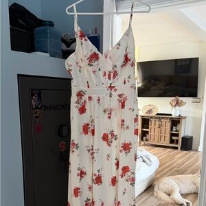 Cream Floral Slip Dress with Red Rose Print